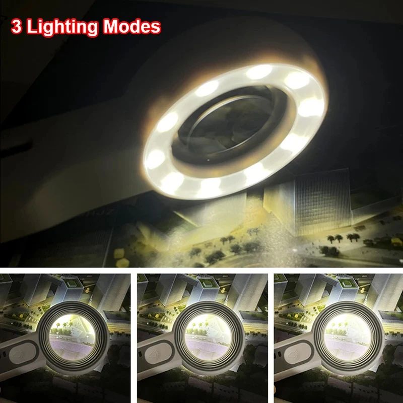 Rechargeable 12X Handheld Magnifier with LED Light - 3 Modes Reading & Inspection Loupe
