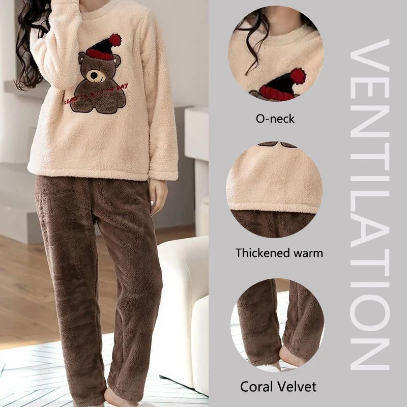 CozyBear Coral Fleece Pajama Set – Thick Warm Womens Winter Pajamas with Cute Bear Design
