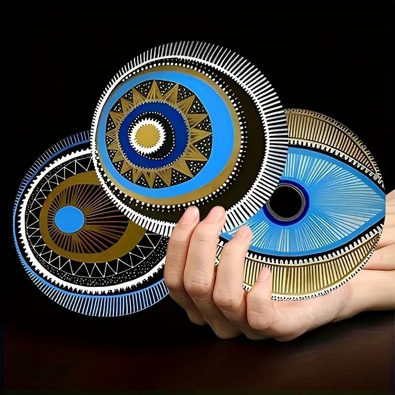6-Pack Wooden Coasters – 4 in Evil Eye Theme Desktop Insulation Mats – Modern Coffee Mug Coasters and Housewarming Gift