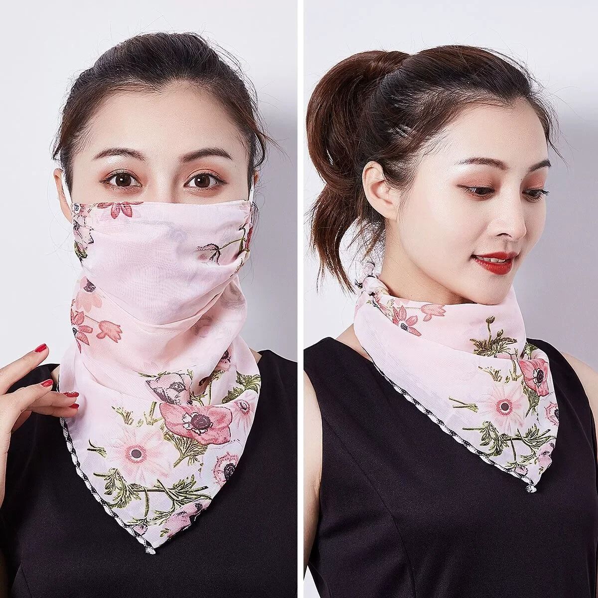 Elegant Floral Chiffon Sun Protection Neck Scarf Mask