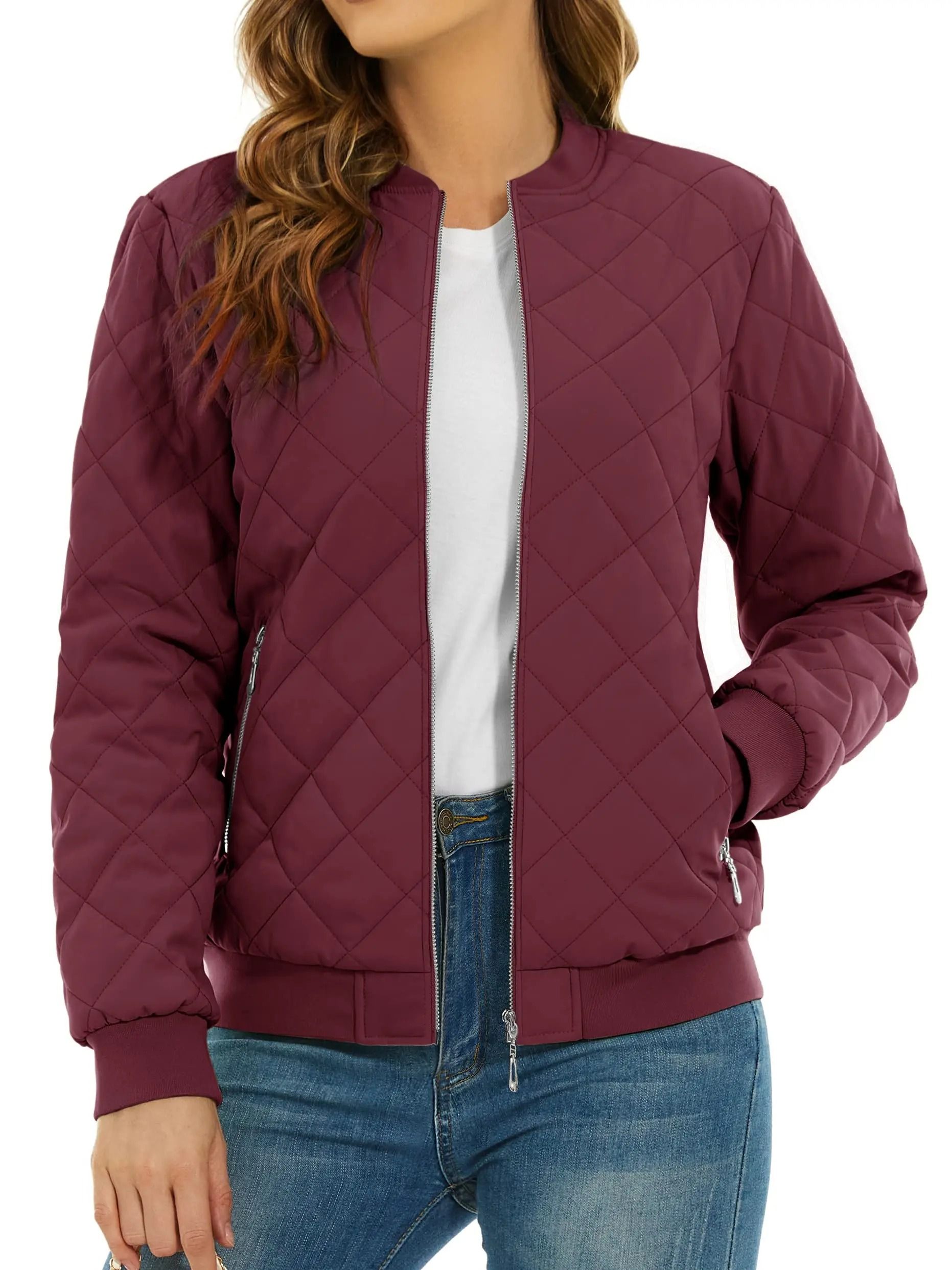 Womens Diamond Quilted Bomber Jacket Full Zip Warm Padded Coat