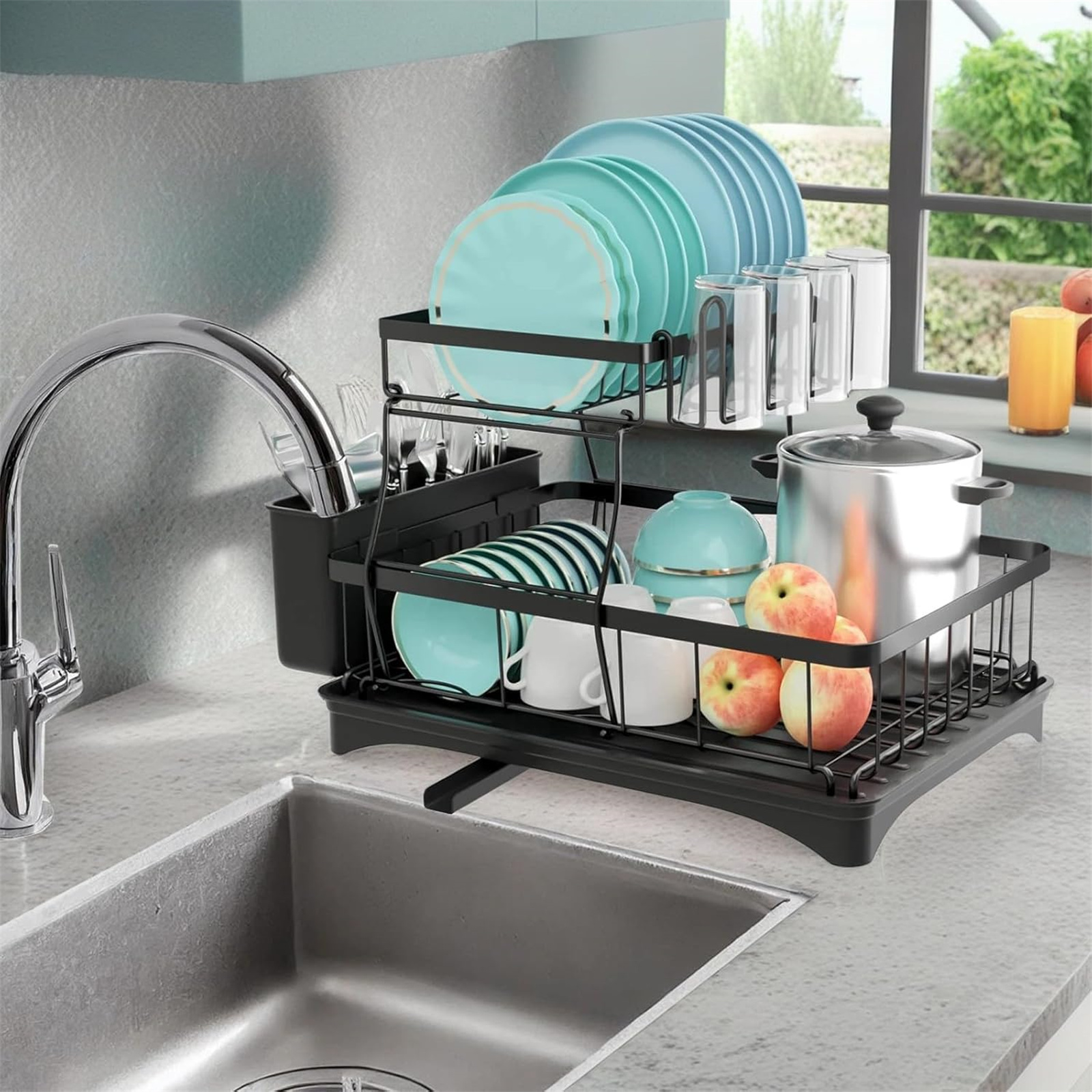 Stainless Steel Dish Drying Rack, Large Kitchen Counter top Organizer with Drainer & Cutlery Holder, Durable & Space