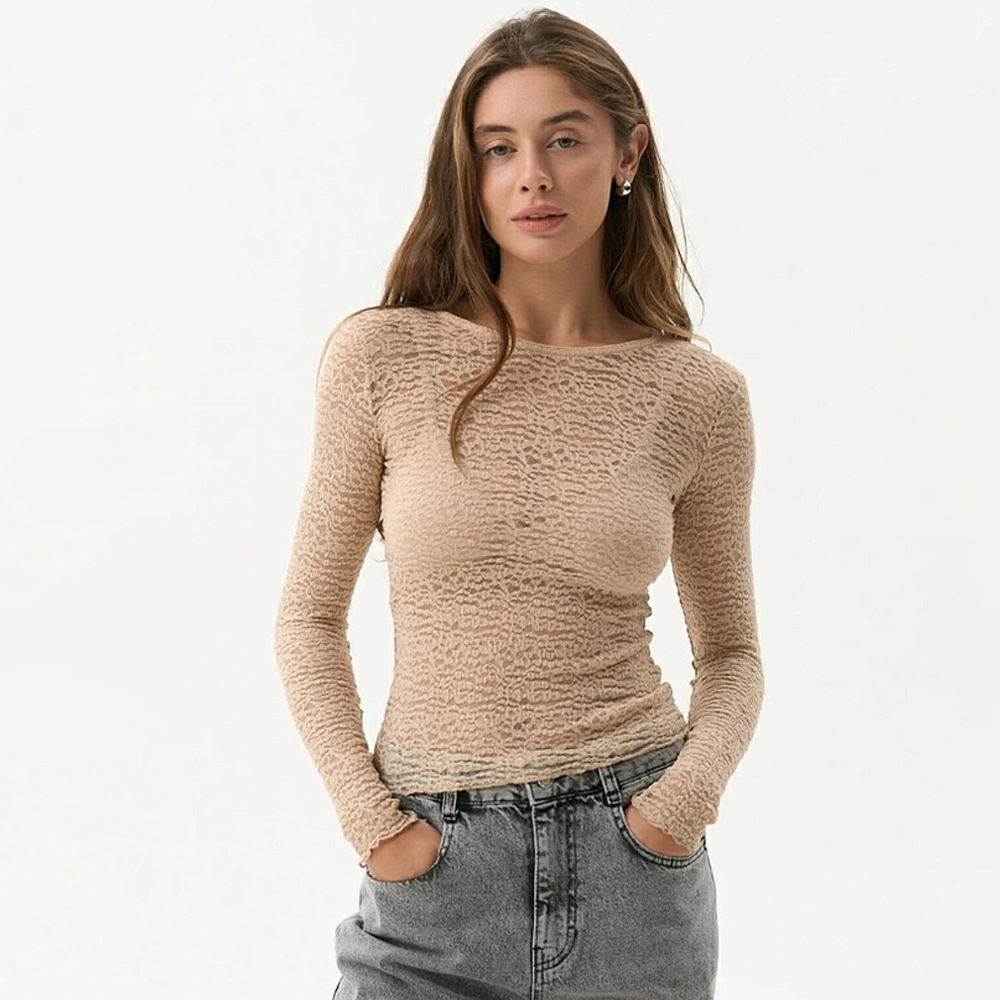 Women Sheer Lace Top Slim Fit Long Sleeve Round Neck Undershirt for Spring Casual Streetwear