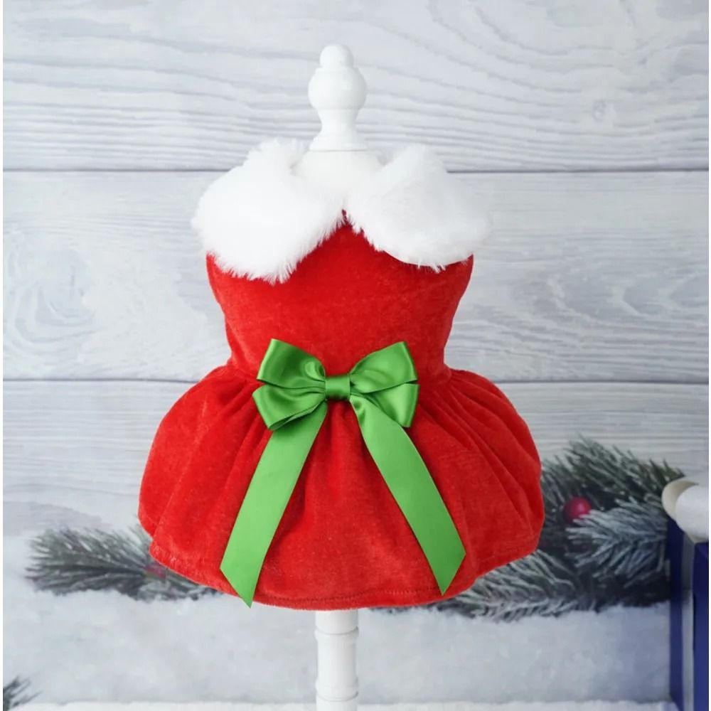 Festive Christmas Red Dress for Dogs and Cats with Warm Bow Frock Design