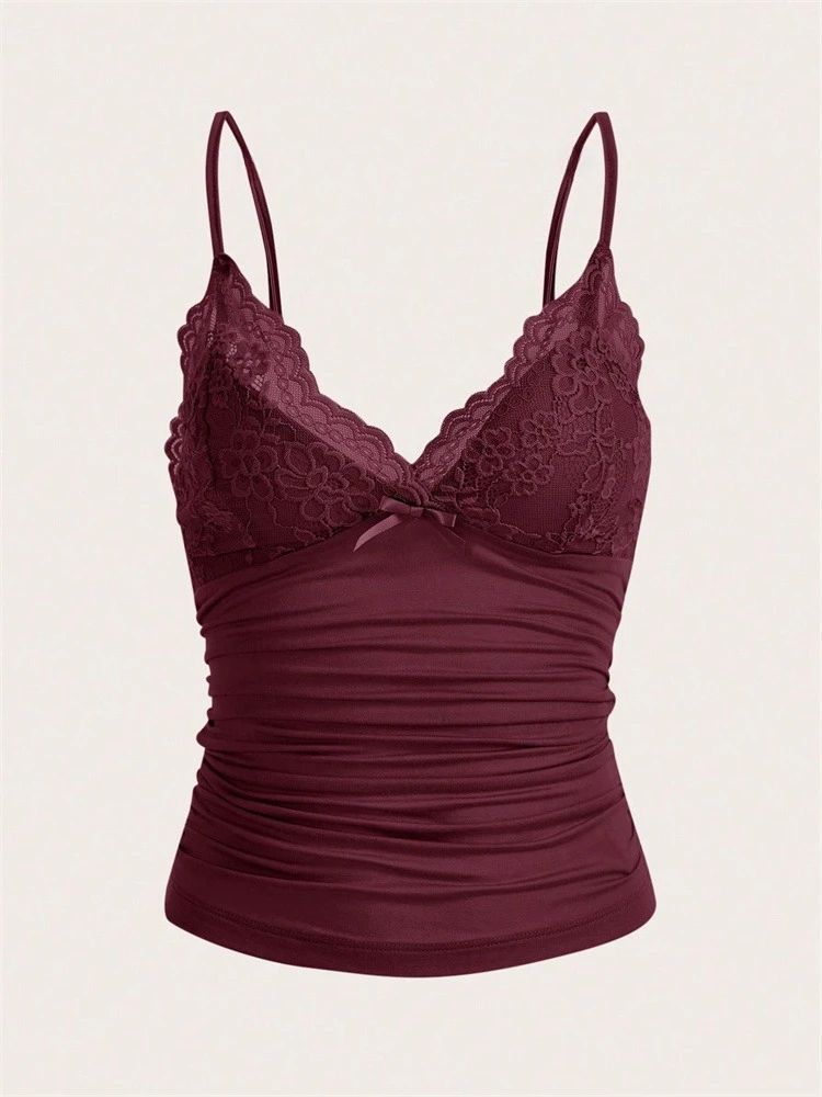 Phumee Y2K Contrast Lace Bow Front Backless Crop Cami Top