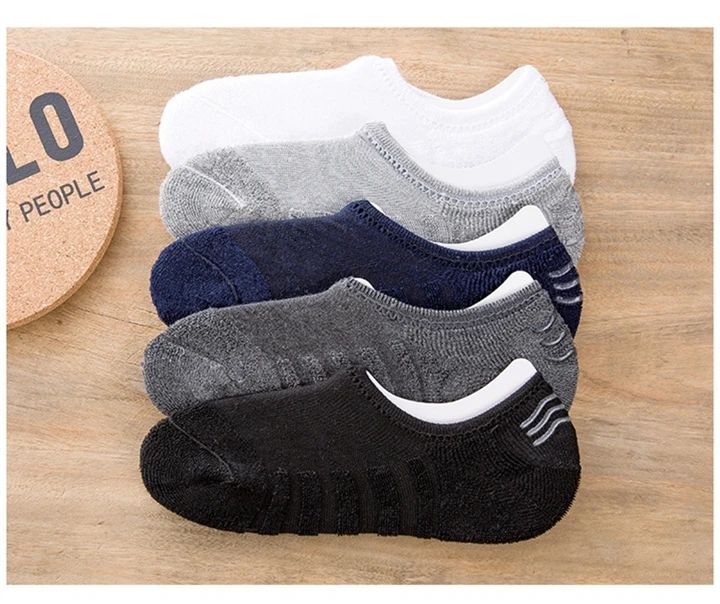 Mens Cotton Invisible Boat Socks with Anti Slip Heel 5 Pairs