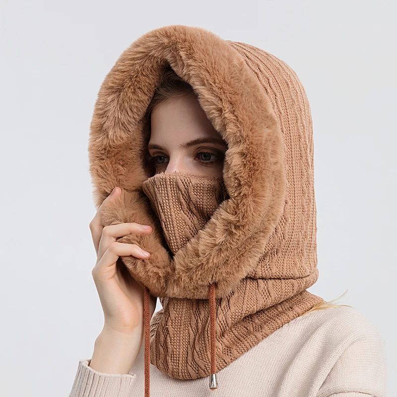 Women Winter Fur Cap Mask Set, Hooded Knitted Cashmere Balaclava Ski Hat with Thick Fluffy Beanies & Neck Warmer H