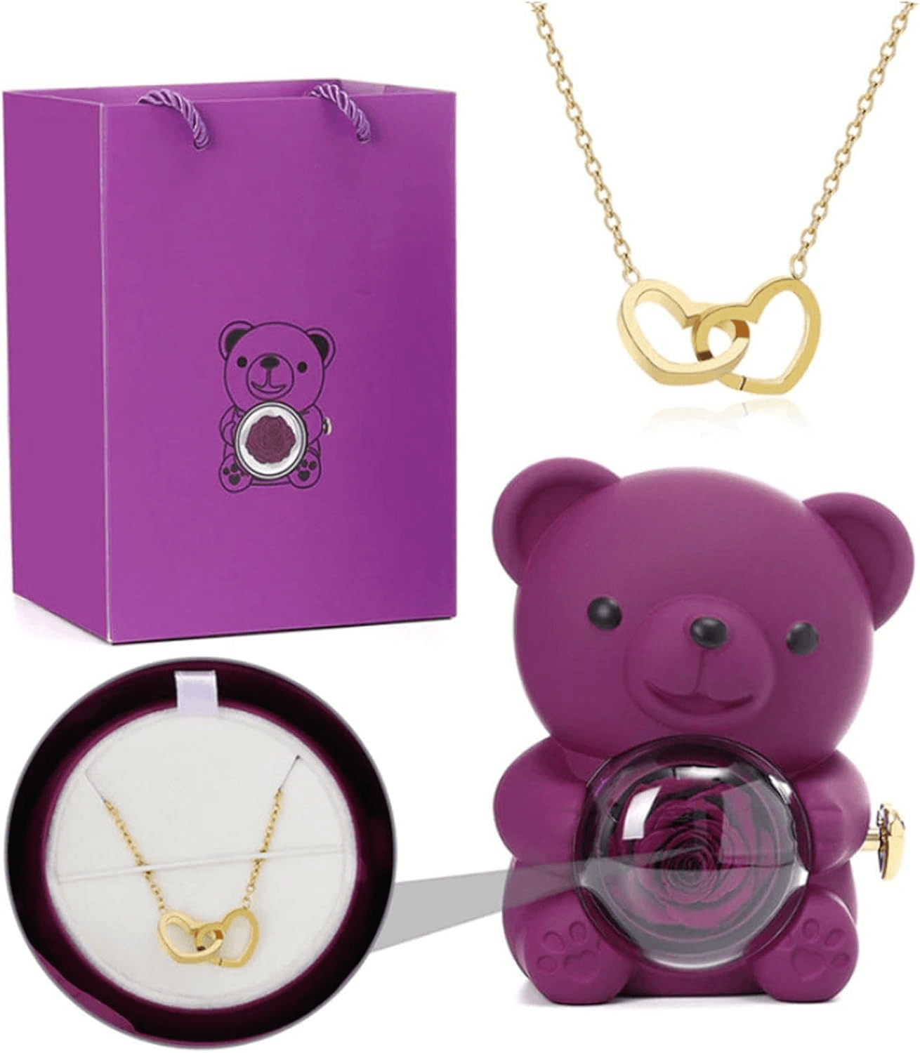 Cute Bear Jewelry Gift Box with Eternal Rose, Teddy Bear Gifts Box for Valentines Day Anniversary Rotating Rose Jewelry