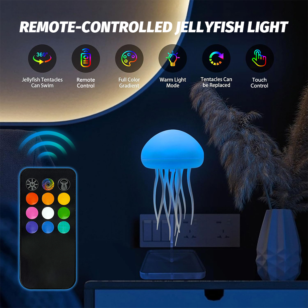 Rechargeable RGB Gradient Jellyfish Night Light with Remote Control, Bedside Lamp for Christmas Gifts
