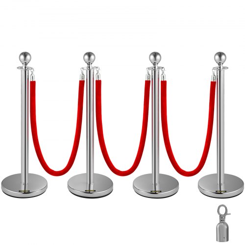 Retractable Crowd Control Barrier, 38 Inch Stainless Steel Stanchion Posts with Durable Red Velvet Rope (Silver)