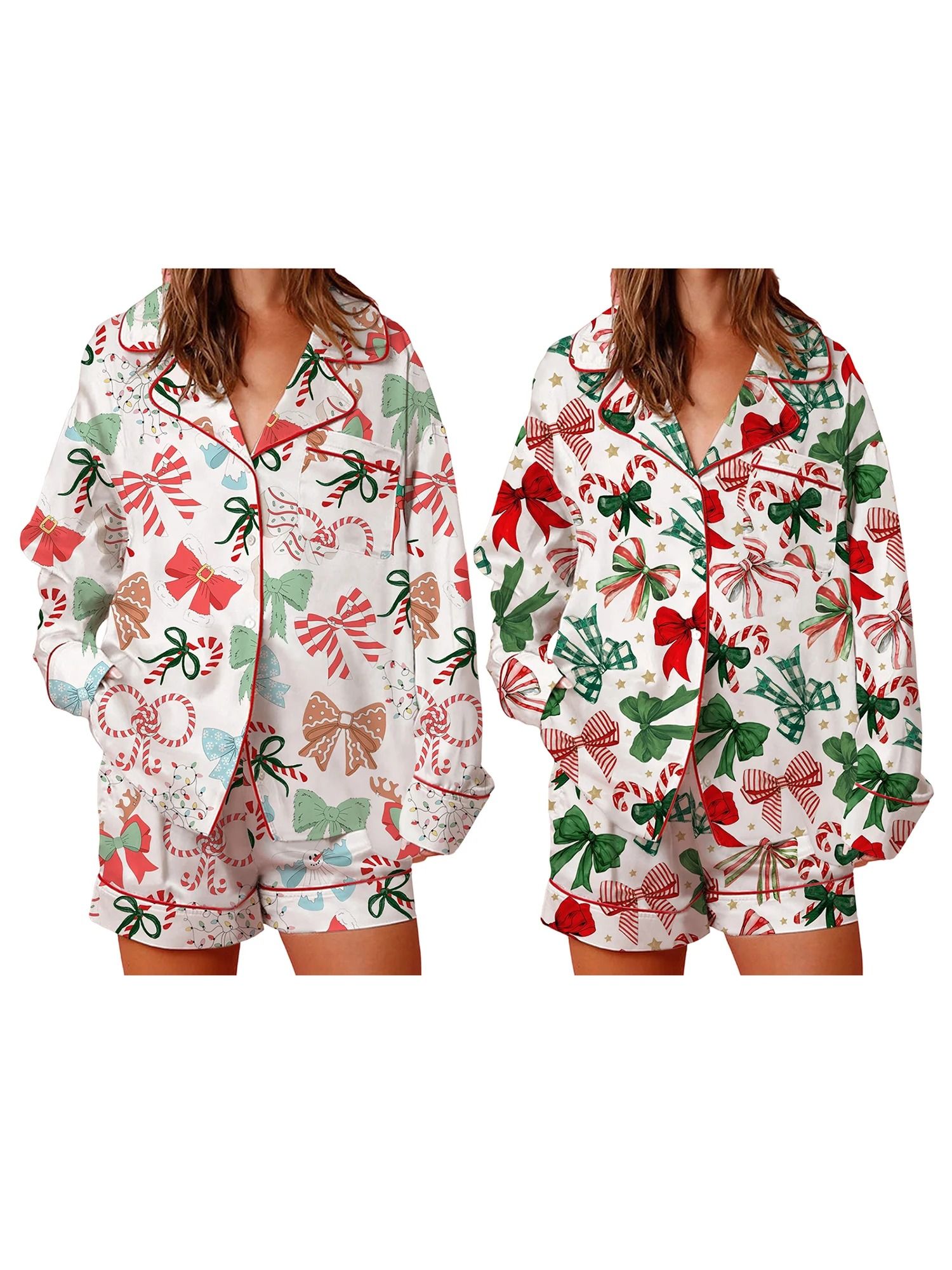Womens Festive Holiday Bow Print Pajama Set