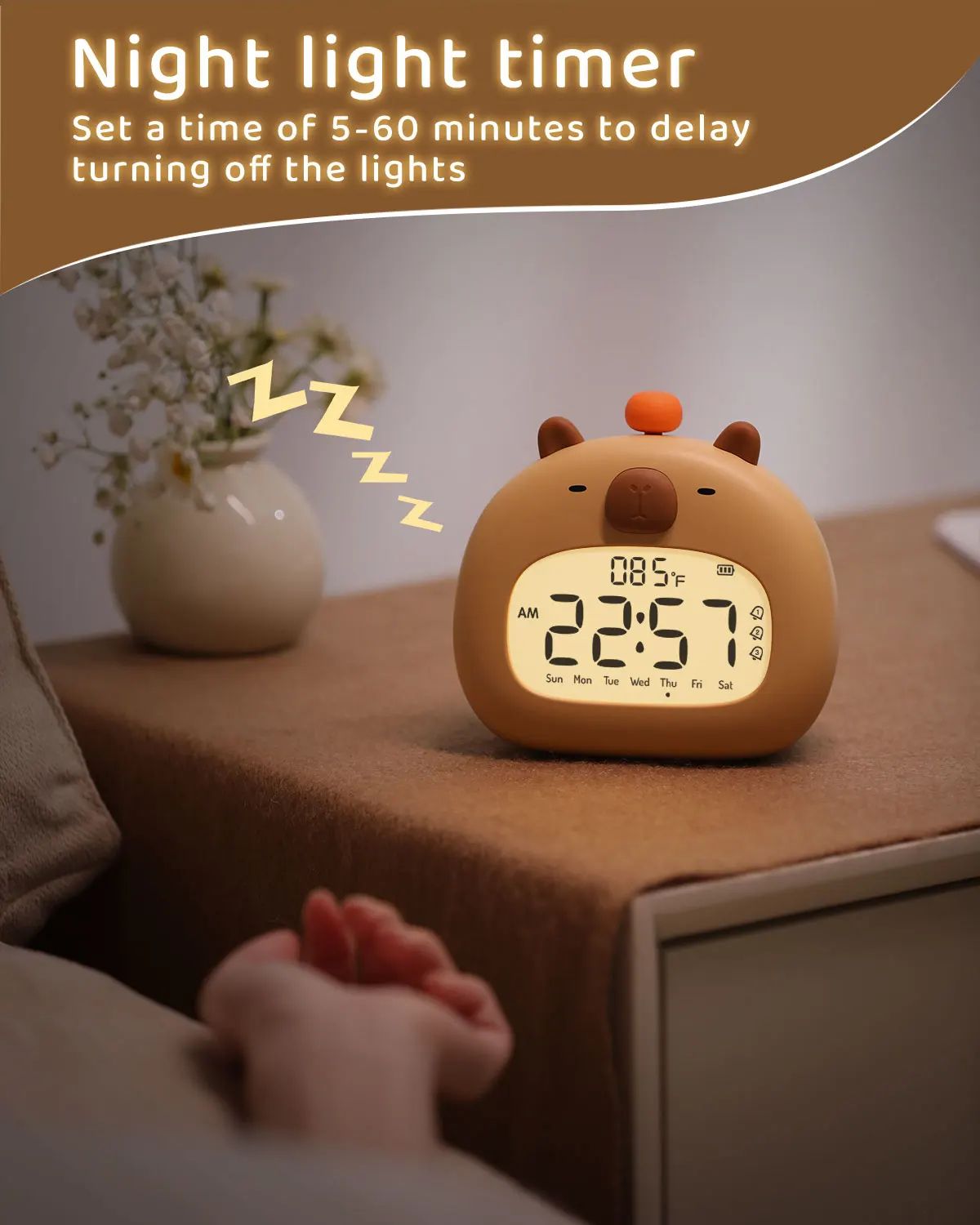 Cute Capybara Alarm Clock with Night Light & Timer – Kids Bedroom Multifunction Clock