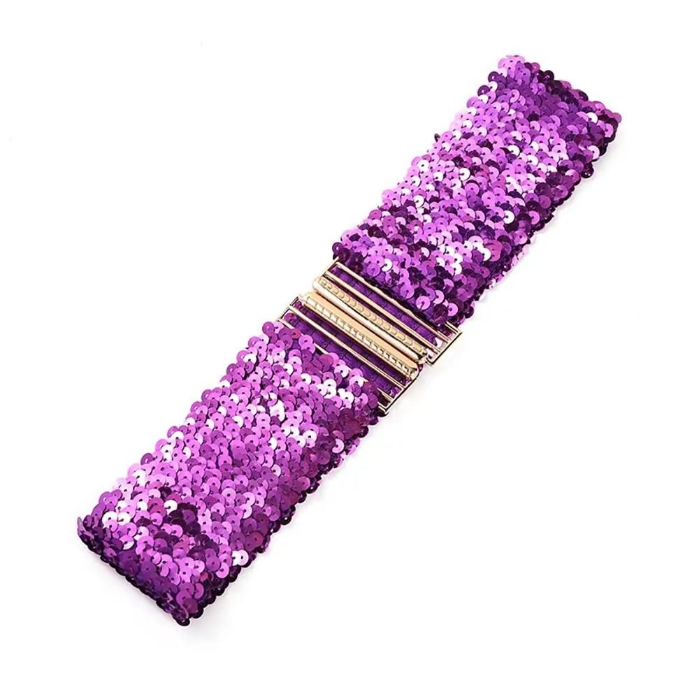 GlamCurve Wide Sequin Elastic Waist Belt with Gold Buckle