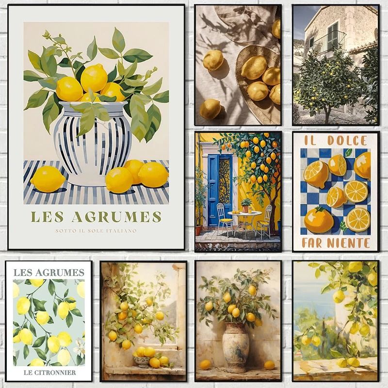 Retro Lemon Garden Canvas Art – Fresh Citrus & Olive Tree Wall Prints for Modern Living Rooms, Offices, & Summer Home De