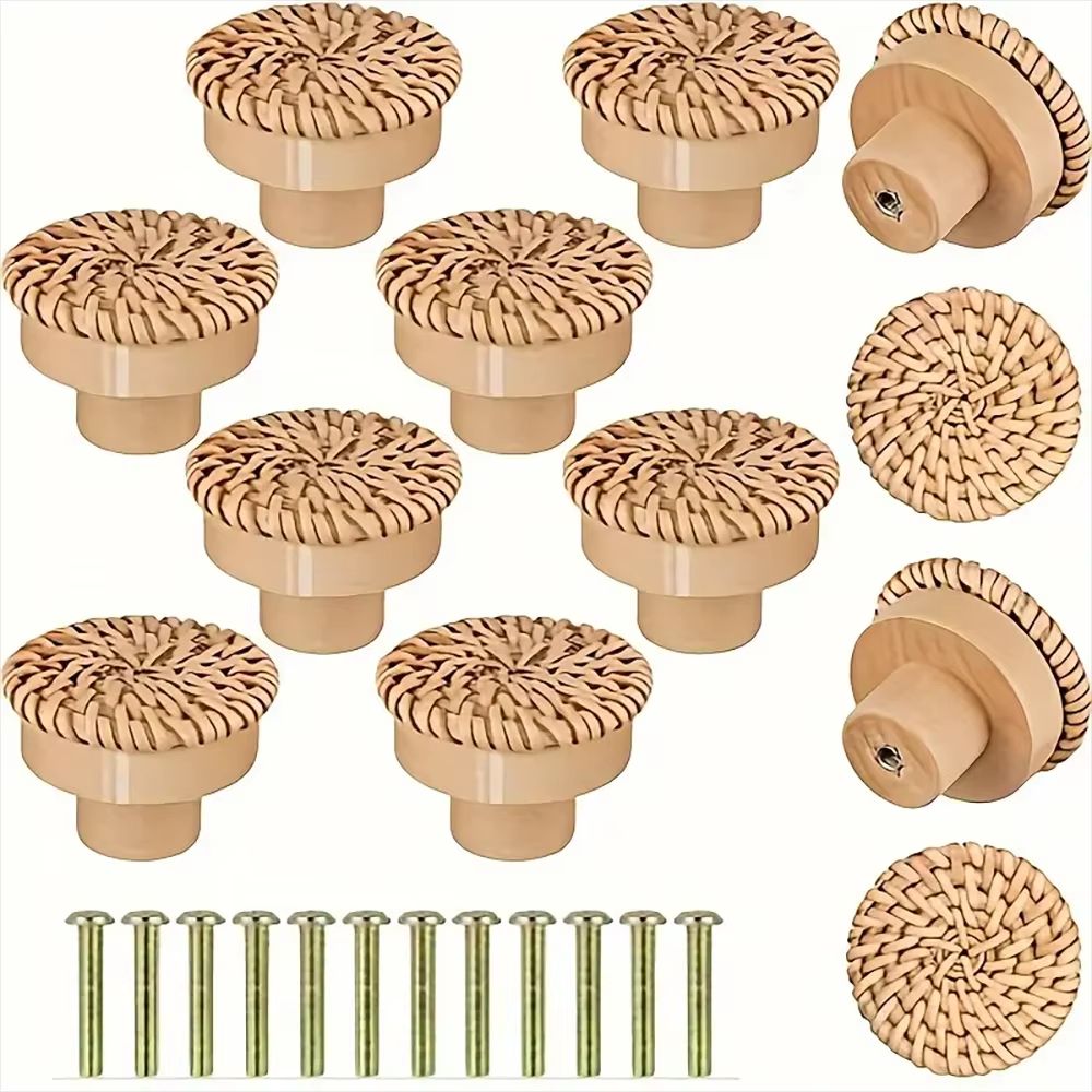 12-Pack Bohemian Rattan Drawer Knobs – Round Wooden Wicker-Weave Cabinet Knobs with Screws
