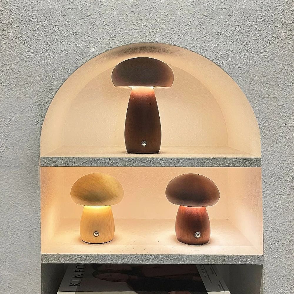 Wooden Mushroom Night Light with Stepless Dimming and Rechargeable Battery