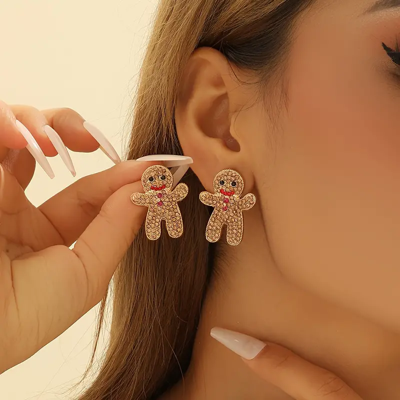 Sparkling Rhinestone Gingerbread Stud Earrings for Women, Cute Chic Holiday Christmas Accessory