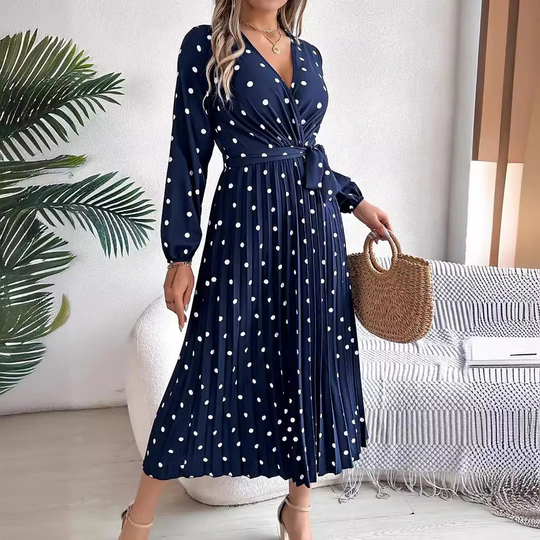 Elegant Polka Dot Maxi Dress – V-Neck Long Sleeve Pleated High Waist Swing Dress