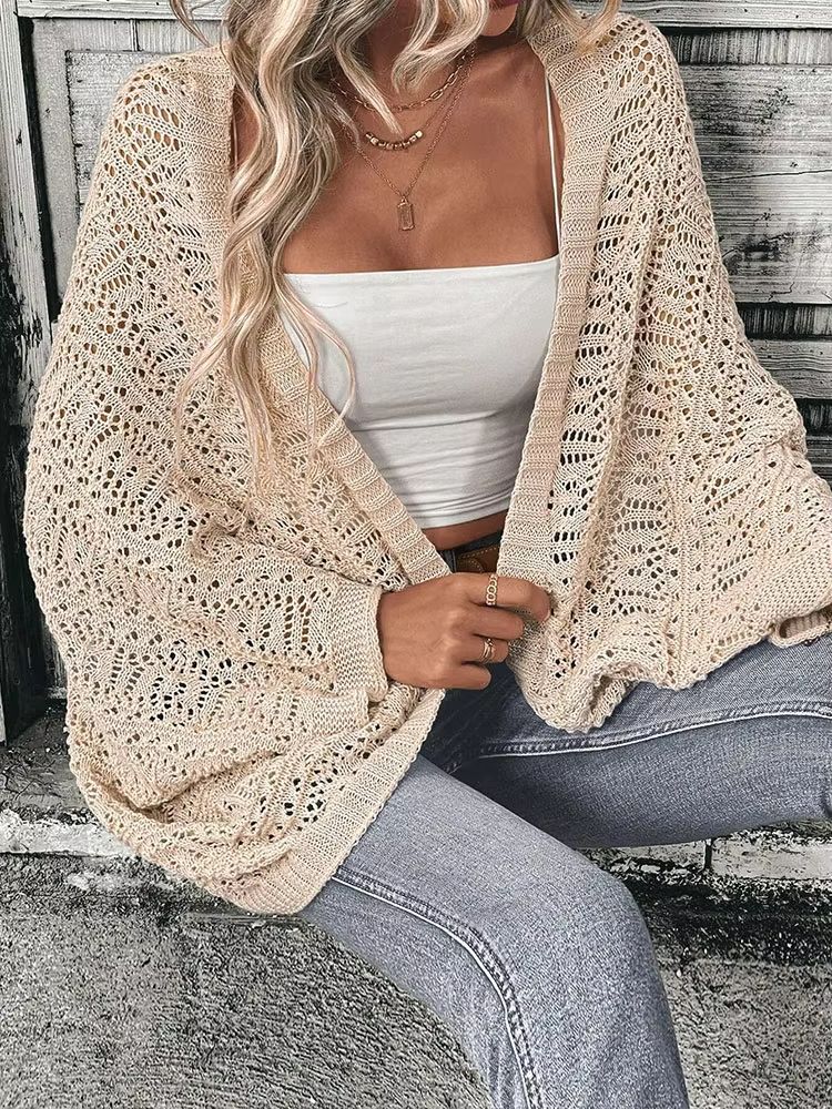 GraceFlow Batwing-Sleeve Open-Front Knit Cardigan