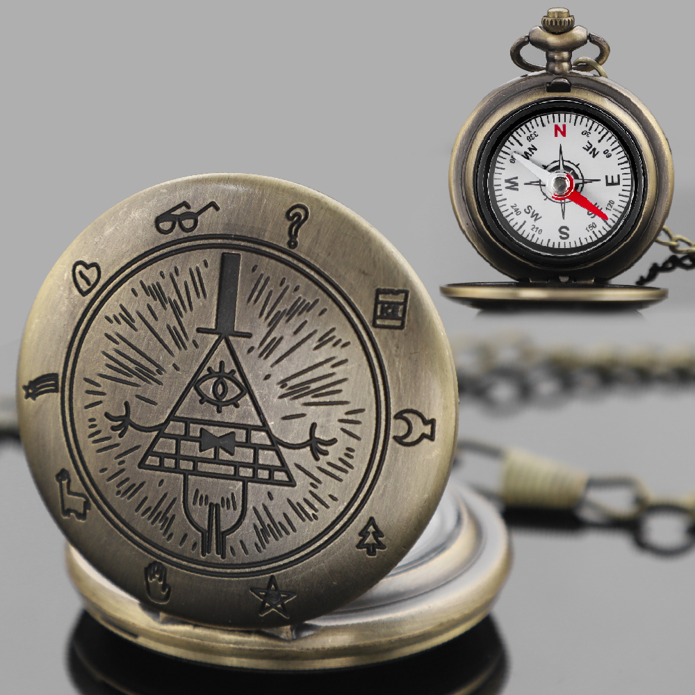 Vintage Compass Pocket Watch Necklace Brass Pyramid Eye Navigation Pendant