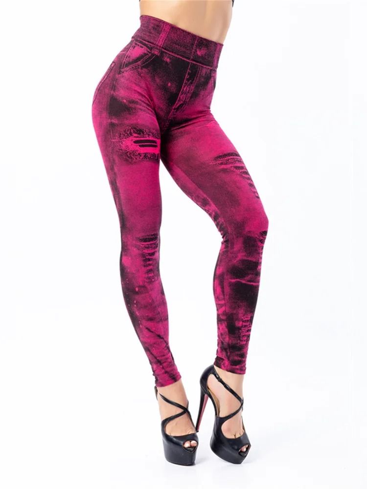 Women Imitation Jeans Stretch Leggings High Waist Slim Fit Pants