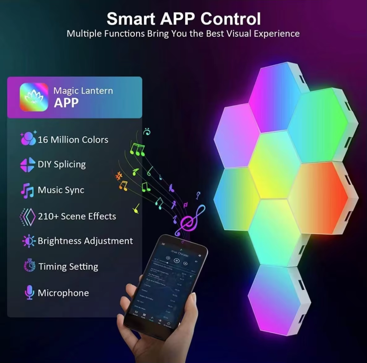 Music Rhythm Wall Lamp, Color-changing Ambient Night Light, DYI Shape, APP Control for Bedroom, Game Room