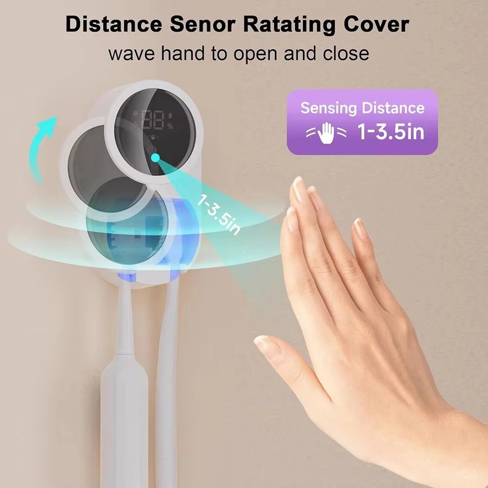 Smart Toothbrush Sanitizer & Dryer – Wall-Mounted UV-Light Cleaner – Rotating Automatic Cover Rechargeable Hub