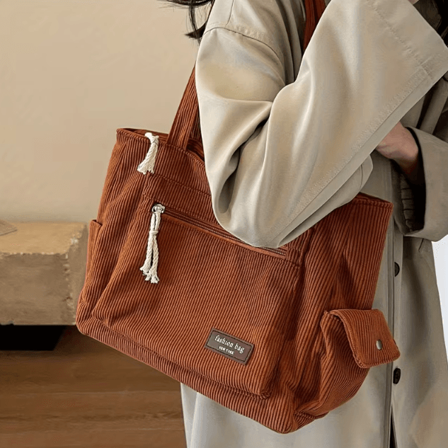 Corduroy Tote Bag with Multi Pockets Large Everyday Casual Shoulder Bag for Women