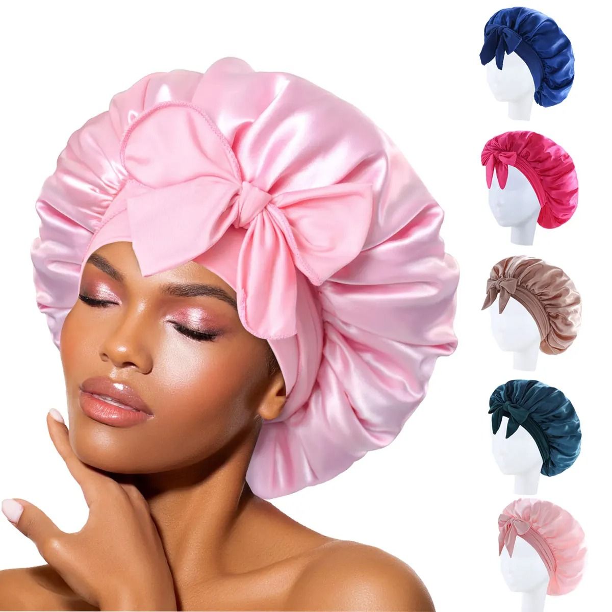 Satin Silk Bonnet Adjustable Sleep Hair Bonnet with Tie Band for Women Men