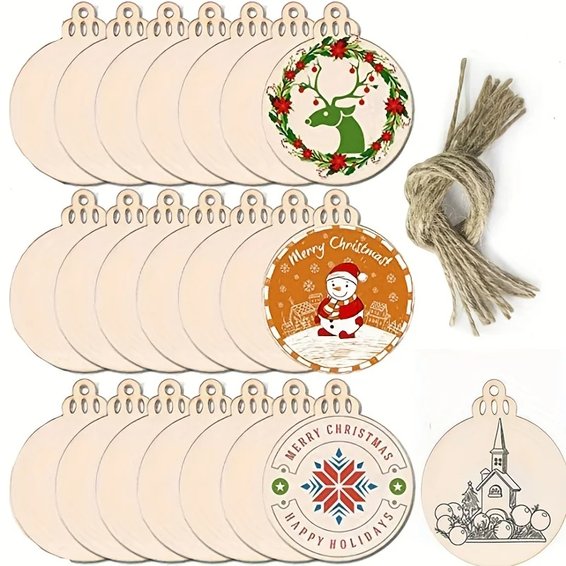 Round Blank Wood Slices with Twine, 10PCS Unfinished Predrilled Discs for DIY Crafts, Christmas Party Decor