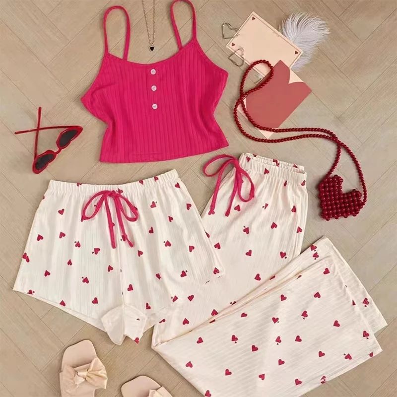 Women Three Piece Heart Print Ribbed Pajama Set