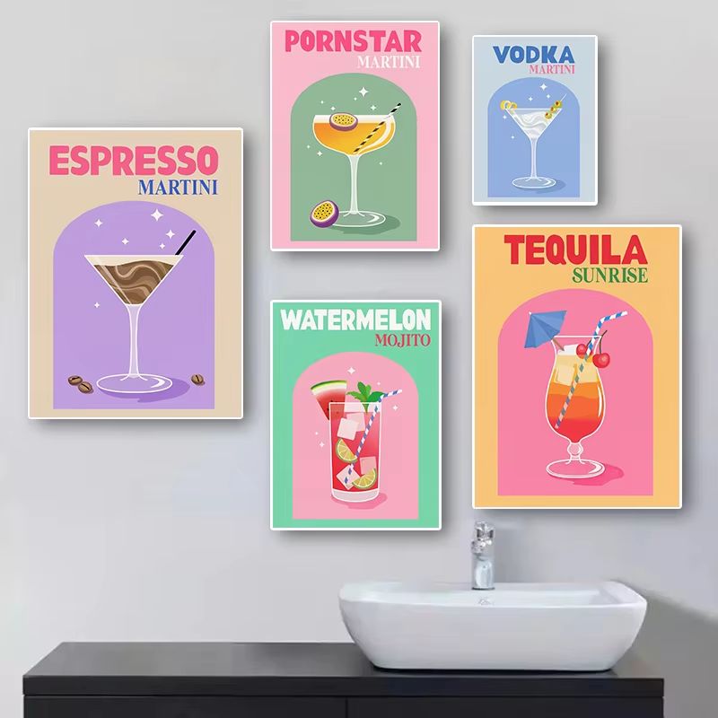 Colorful Cocktail Canvas Wall Art Set Trendy Bar Cart Drink Posters