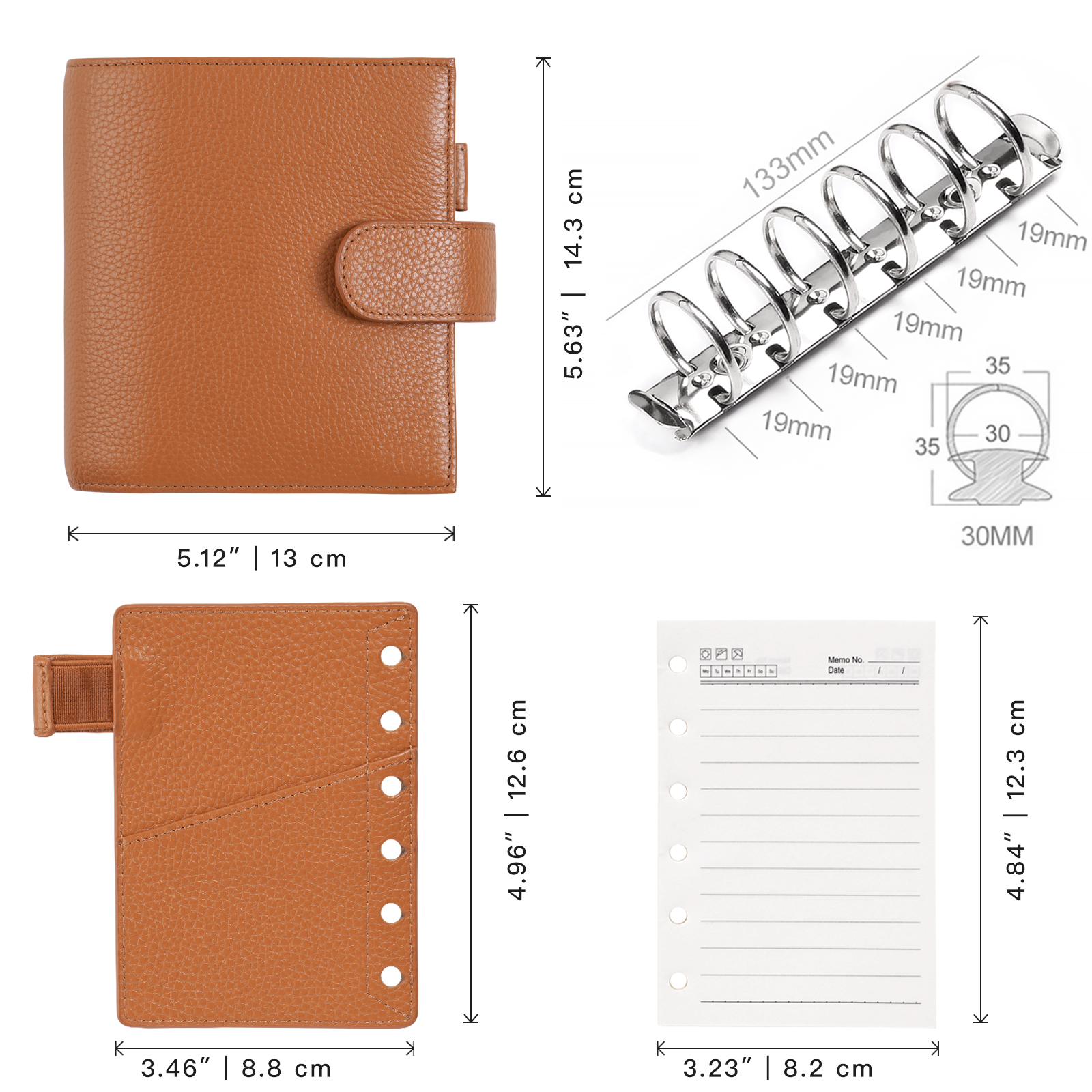Pocket Size Planner, Pebbled Grain Leather Notebook, Ring Mini Agenda Organizer, Diary Notepad for Daily Use