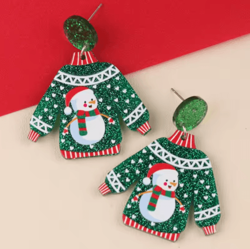 Festive Christmas Sweater Earrings Acrylic Santa and Snowflake Holiday Dangle Earrings