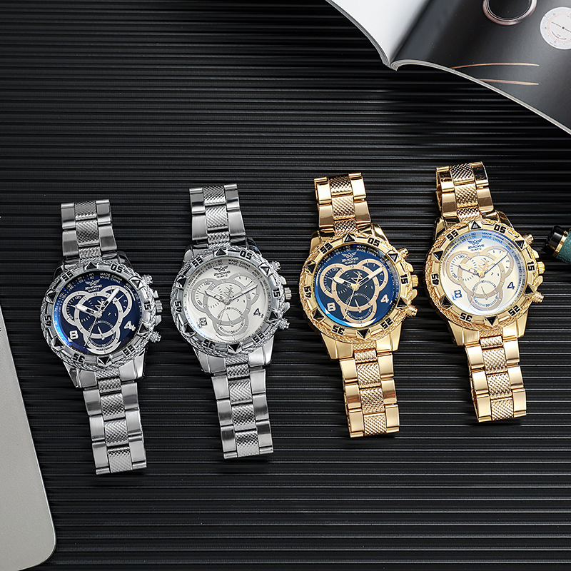 Men's Quartz Watch Classic Business Wristwatch Luxury Alloy Steel Strip Blue Light Large Dial Three Eye