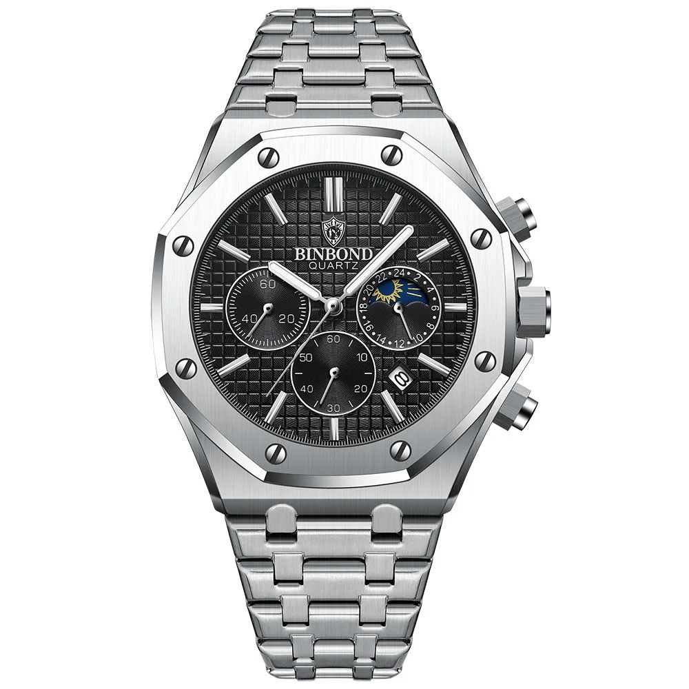 BINBOND B0161 Luxury Stainless Steel Men's Quartz Watch with Luminous Date & Chronograph