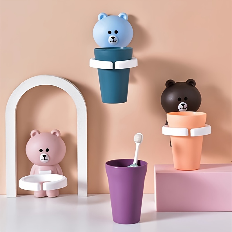 Cute Self Adhesive Toothbrush Holder Wall Mounted Bathroom Organizer Cup