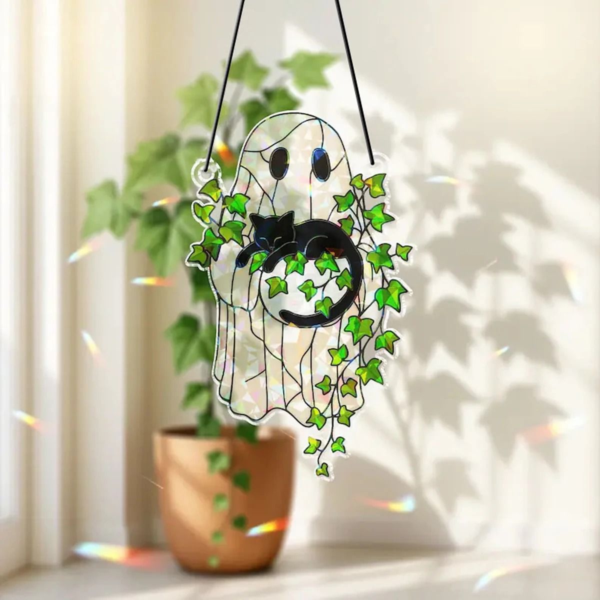 Halloween Ghost & Black Cat Acrylic Suncatcher | Spooky Window Hanging Decor