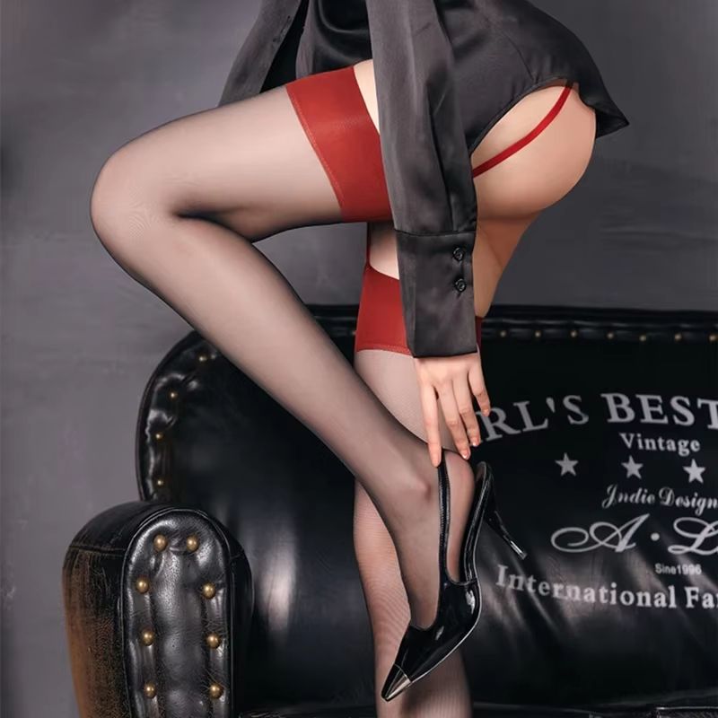 Thigh-High Nylon Stockings Ultra-Thin Transparent Tights with Garter Belt
