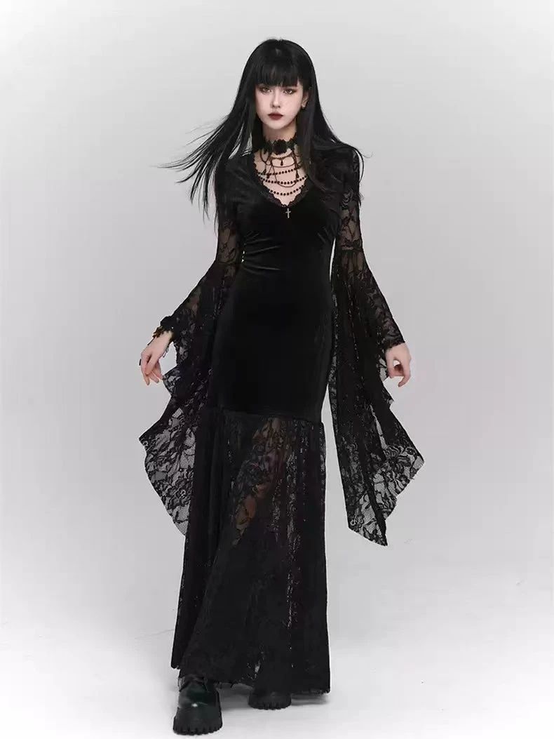 Midnight Elegance Black Gothic Dress – Slim Gothic Bodycon Dress for Vintage Goth & Harajuku Style