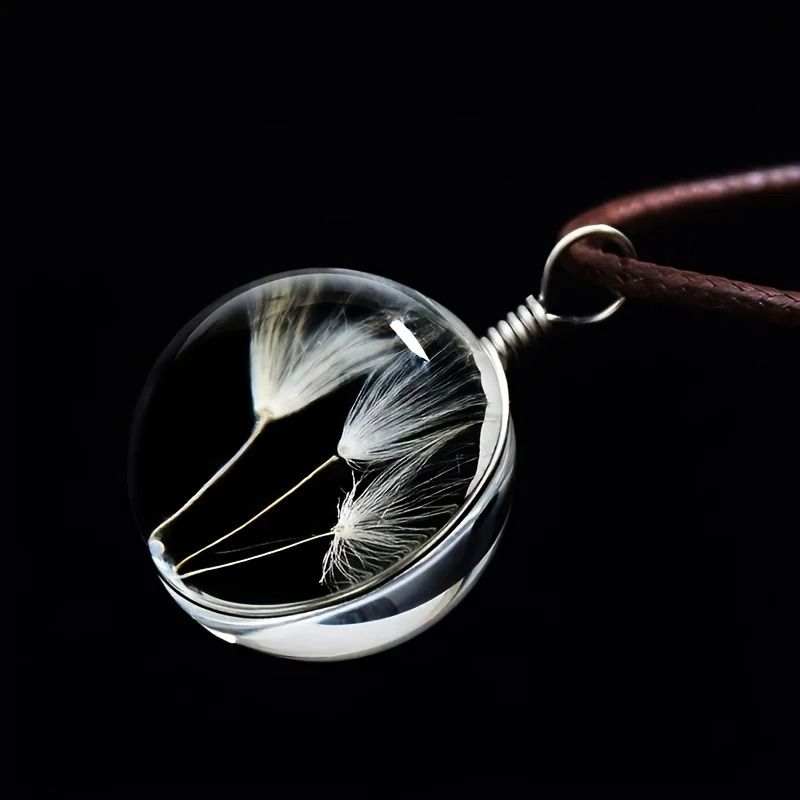 Round Dandelion Pendant Necklace with Transparent Glass Charm