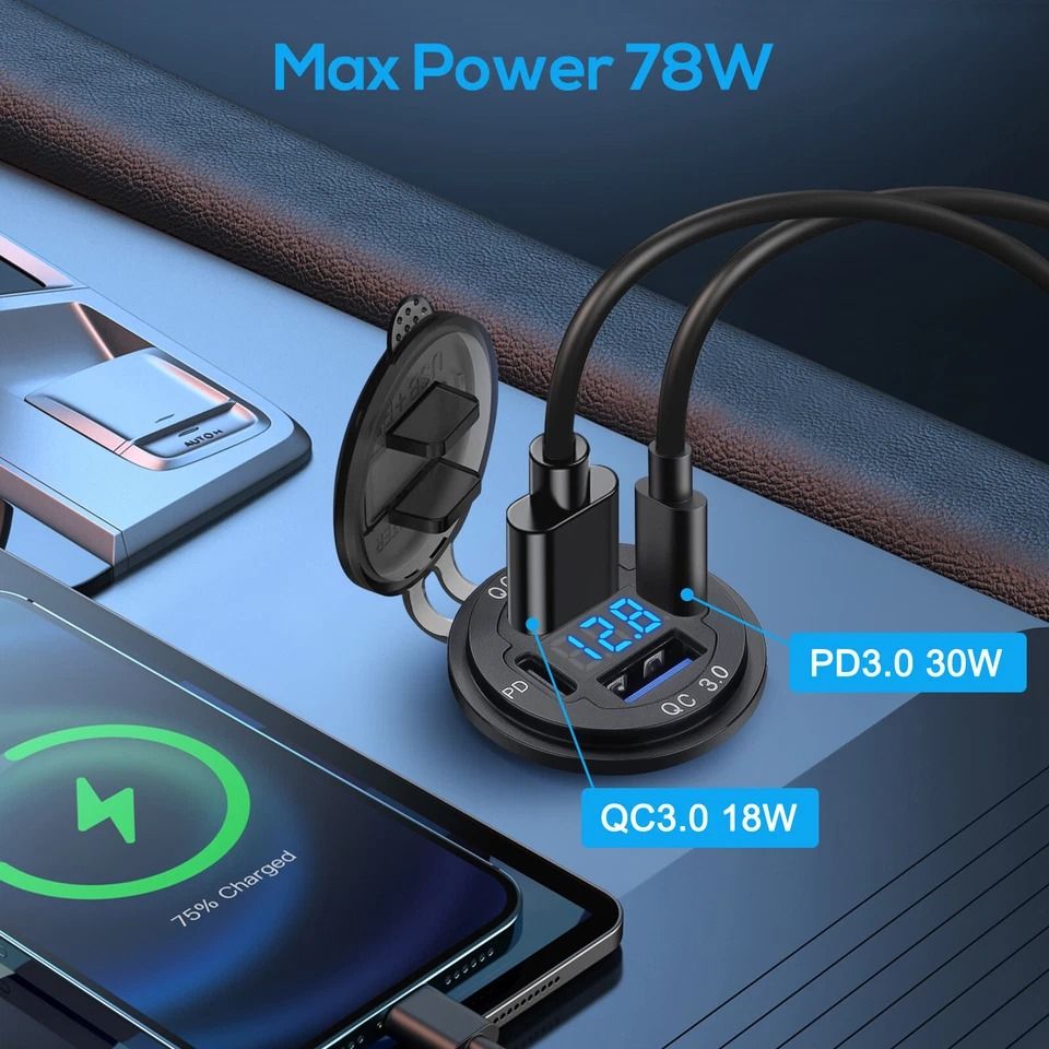 Port Fast Car Charger QC & PD USB-C Outlet Socket for Boat, RV & Marine