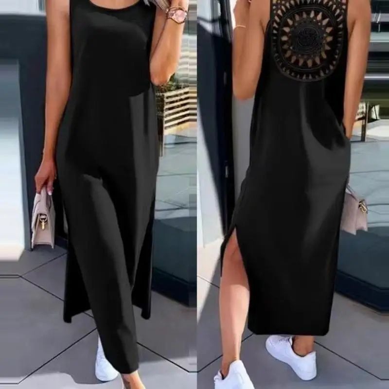 Elegant Summer Sleeveless Womens Summer Dress – Casual Solid Slit Midi Dress