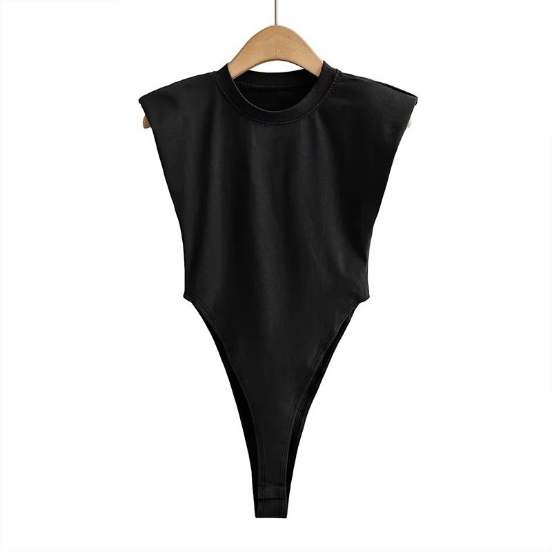 Padded Shoulder Bodysuit Women Summer One Piece Slim Fit Sleeveless Bodycon Top
