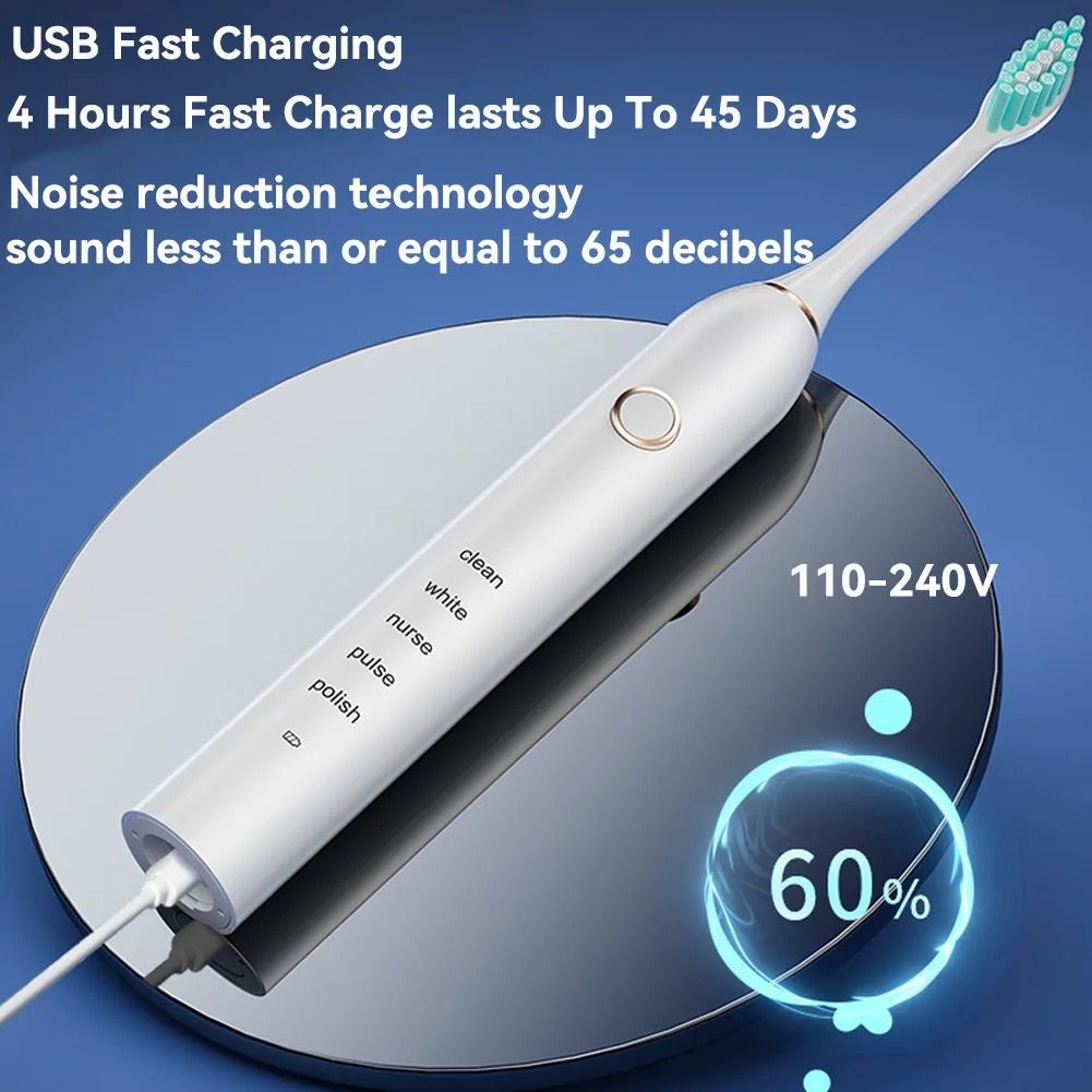 Rechargeable Sonic Electric Toothbrush with 4 Replacement Heads 5 Modes 3 Intensities and Smart 2 Minute Timer