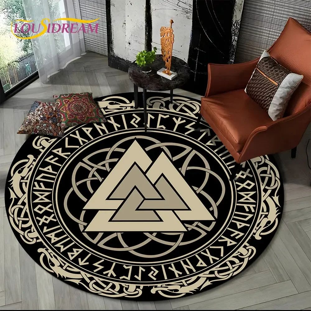 Viking Yggdrasil Tree of Life Round Living Room Rug with Non-Slip Backing