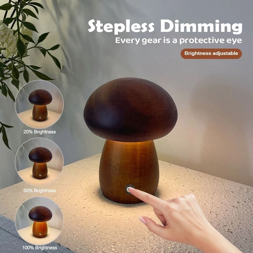 Wooden Mushroom Night Light with Stepless Dimming and Rechargeable Battery