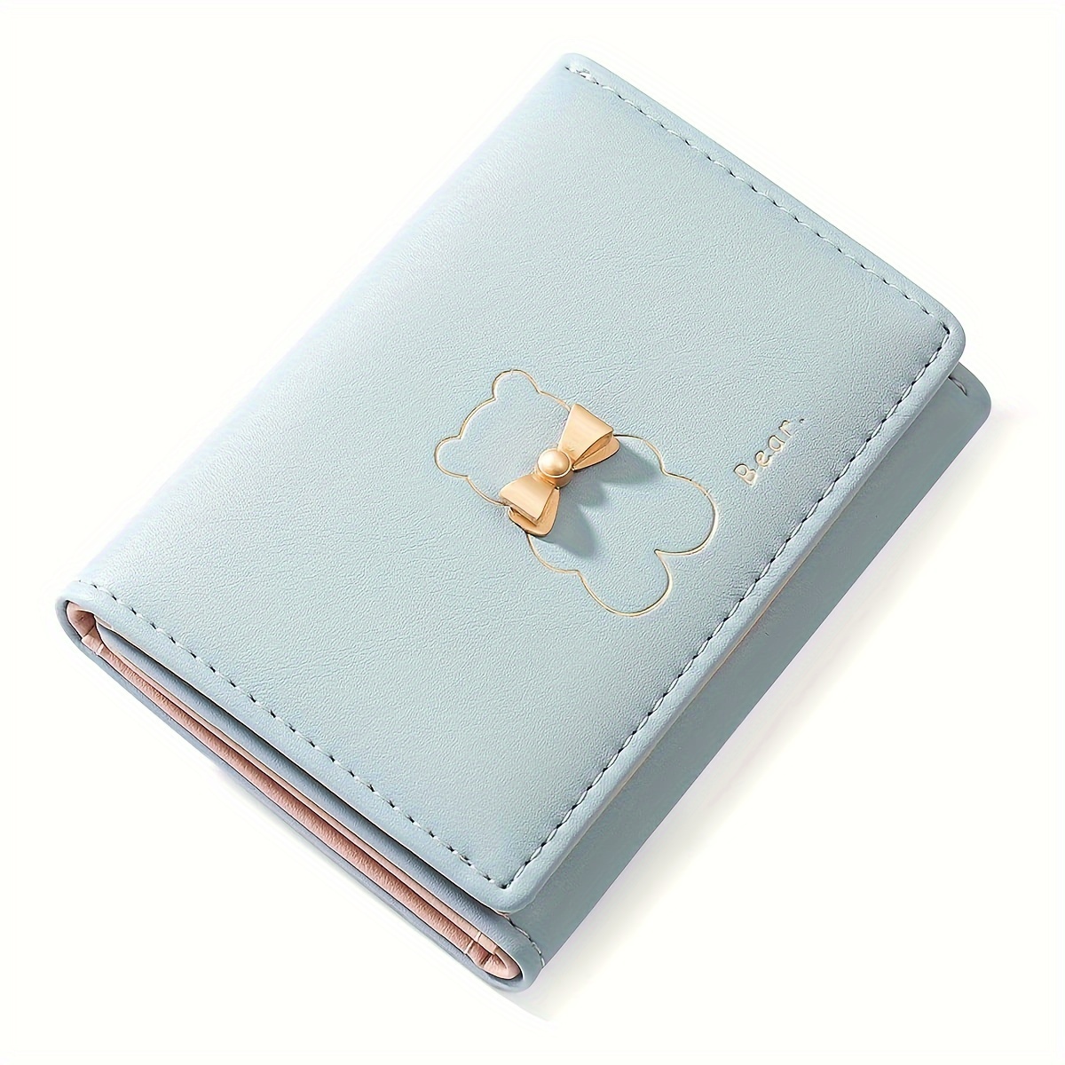 Bear Pattern Trifold Mini Wallet Cute Solid Color Coin Purse & Credit Card Holder