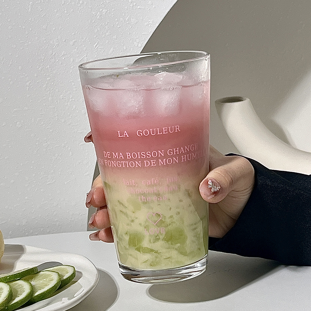 Cute Glass Tumbler with Straw and Lid, Transparent Bubble Tea Cup, Iced Coffee Juice Tea Glass, Letter Design Gift