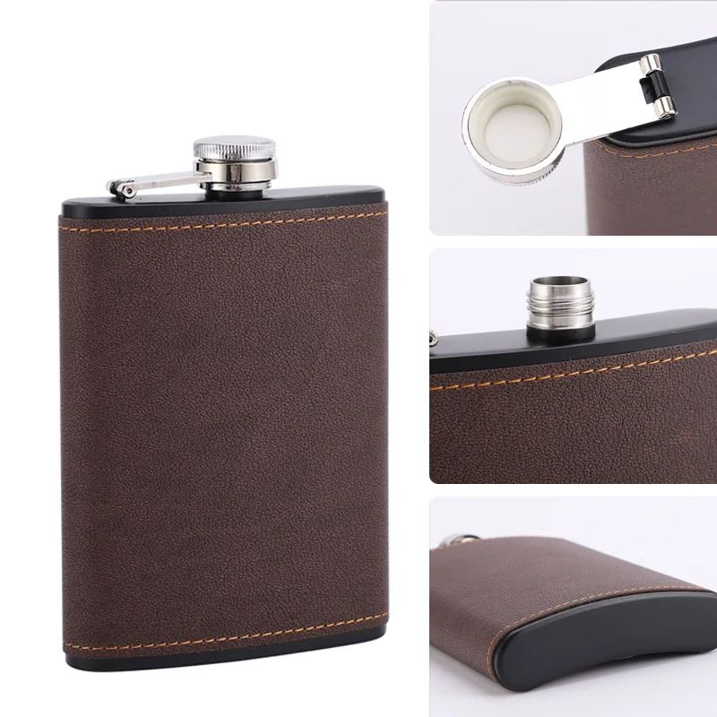 Brown Leather Hip Flask for Whiskey, Portable Stainless Steel Flask in 6oz or 8oz